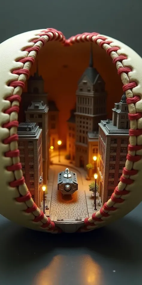Picture a tiny, intricate model city built within the interior of a hollowed-out baseball. The city's architecture is a blend of classic and modern, with tiny brick buildings, sleek skyscrapers, and winding streets, all perfectly scaled down to fit within the curved shell of the baseball. The stitching of the baseball, now forming the horizon, creates a unique boundary around the miniature world. Streetlights flicker softly along cobblestone paths, and a tiny park with minuscule trees and benches sits in the city center. In the foreground, a futuristic vehicle hovers above the streets, casting a soft glow that illuminates the detailed facades of the buildings. The leather texture of the baseball contrasts with the city's intricate details, making the scene feel both surreal and captivating, as if this tiny world could spring to life at any moment.