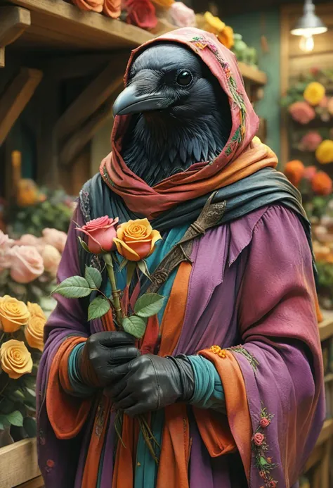 corvidfolk, holding a rose, colorful robes and hood, realistic, flower shop background