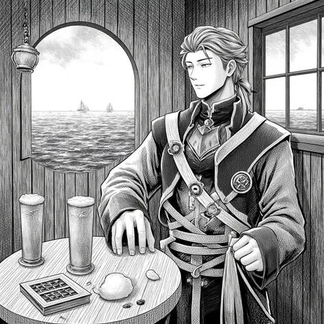 Inkugami Style, Male, 1boy, 1guy, monochrome, pirate, he is located inside a pirate ship in the dinning room, you can see that everything is made of wood and she is by a wood table that has beer glasses on it, she is really cute , you can see the sea at the other side of the window