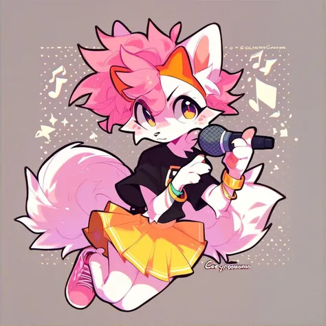 score_9, score_8_up, score_7_up, mikus-zestylemonss, solo, 1girl, white fur, notes, pink hair, pink shoes, bow on head, microphone, yellow skirt, black top, yellow bracelets,,