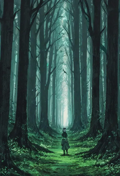 a forest with a girl with short black hair in the distance