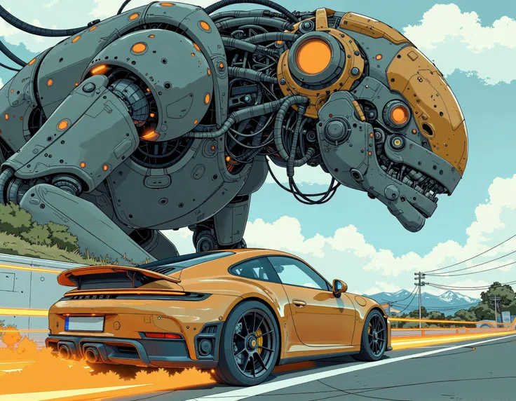 futuristic setting, A dynamic cinematic shot of a matte paint Porsche 911 GTS racing at extremely high speed passing underneath a gigantic mysterious robot,leaving light trails behind, motion blur,
