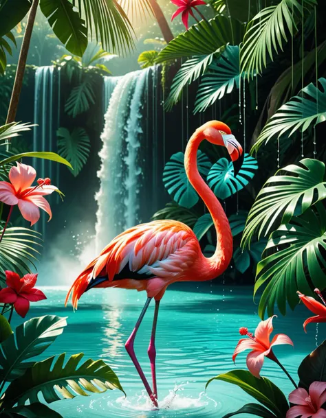 Wide angle digital illustration, (Vibrant flamingo standing in turquoise water:1.3), Central composition, Immersed mid-leg, (Bright pink plumage with red and white hues:1.2), Holding a silver fish in its beak, Dynamic water splashes, (Majestic waterfall background:1.2), Cascading water spanning the full width, (Gentle mist at the base:1.2), Sun rays filtering through dense jungle trees, (Lush tropical foliage:1.3), Green monstera leaves, Palm fronds, (Hanging vines:1.2), Bright red flowers on the left, Soft yet bright lighting, Sunny tropical moment, Natural shadow play, Enhanced contrasts, Rich color palette.Masterpiece,best quality,hi res,8k,hi res,8k,award winning,(sharp focus, intricate, highly detailed),