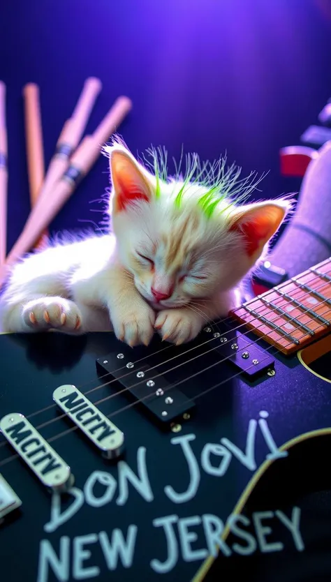 a really cute striking white kitten with green punk hair cutely curled up asleep on top of "Bon Jovi New Jersey" guitar

background: drum sticks and other guitars