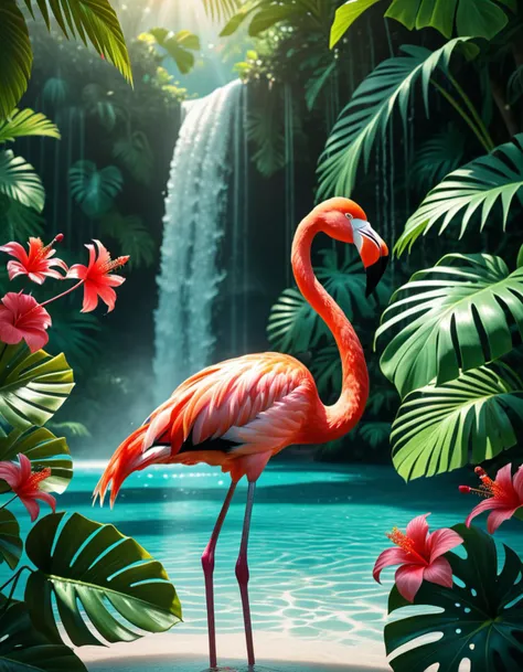 Wide angle digital illustration, (Vibrant flamingo standing in turquoise water:1.3), Central composition, Immersed mid-leg, (Bright pink plumage with red and white hues:1.2), Holding a silver fish in its beak, Dynamic water splashes, (Majestic waterfall background:1.2), Cascading water spanning the full width, (Gentle mist at the base:1.2), Sun rays filtering through dense jungle trees, (Lush tropical foliage:1.3), Green monstera leaves, Palm fronds, (Hanging vines:1.2), Bright red flowers on the left, Soft yet bright lighting, Sunny tropical moment, Natural shadow play, Enhanced contrasts, Rich color palette.Masterpiece,best quality,hi res,8k,hi res,8k,award winning,(sharp focus, intricate, highly detailed),