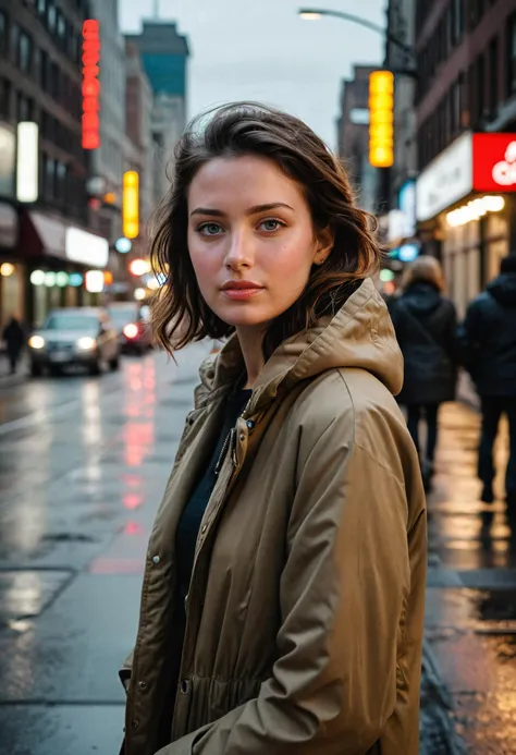 street photography of a woman, her piercing gaze accentuated by the soft, diffused light of the overcast night, her vibrant jacket contrasting against the muted tones of the surroundings, adding a pop of color to the urban scene. She stands at a crossroads, her posture exuding confidence and determination, while her hand rests casually on her hip. The shot frames her against the backdrop of a bustling city street, with blurred silhouettes of passing pedestrians adding depth to the composition. Under the overcast lighting, the cityscape takes on a moody atmosphere, enhancing the drama of the scene. Shot from a low angle, emphasizing her presence amidst the urban chaos, using a Sony Alpha 7R IV, in the style of Vivian Maier