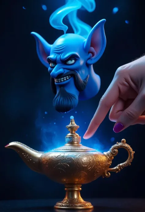 The image features Aladdin's iconic lamp in a close-up shot, crafted from precious metals and adorned with gems that shine brilliantly. A delicate hand with perfectly manicured nails gently brushes the surface of the lamp, as if about to unleash its magical power. The touch is subtle, revealing a sense of mystery and anticipation. From the lamp's spout, a vibrant blue ether begins to emerge, winding upward with an ethereal glow. As the ether rises, it starts to take shape into the head of the genie, with a majestic and commanding expression. His pointed ears, piercing eyes, and well-defined beard create an imposing figure that seems to float in the air. The atmosphere is mystical and enveloping, with the light from the ether subtly illuminating the surroundings. The composition is meticulously balanced, focusing on every detail of the lamp and the genie, capturing the exact moment when magic comes to life.