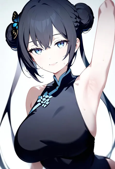 (masterpiece:1.2, best quality), (finely detailed eyes: 1.2) (ultra-detailed, hires), (detailed face, detailed eyes), (best illumination), detailed glow, high contrast, looking at viewer, ((solo)), calm, smile, squinted eyes, closed mouth, 1girl, huge breasts, wide hips, thin waist, kisaki_(blue_archive), black_hair, blue eyes, short hair, hair between eyes, double buns, sexy qipao, armpits, sweaty armpits, pink lips, face shot, cowboy shot, no background, empty background, (masterpiece, best quality, very aesthetic, absurdres), (ultra detailed perfect piece:1.2), illustration, masterpiece, (extremely detailed CG 8k), (very fine 8K CG), <lora:add-detail-xl:-1>