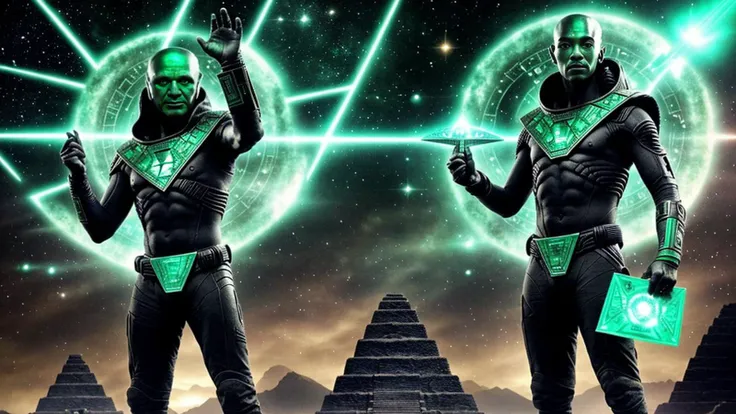 Alien-themed epic photo of one man holding a small triangle shaped emerald tablet covered with ancient symbols Aztec Myan hieroglyphics . Extraterrestrial, cosmic, otherworldly, mysterious, sci-fi, highly detailed