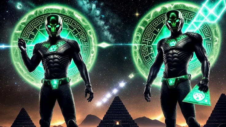 Alien-themed epic photo of one man holding a small  triangle shaped emerald tablet covered with ancient symbols Aztec Myan hieroglyphics . Extraterrestrial, cosmic, otherworldly, mysterious, sci-fi, highly detailed