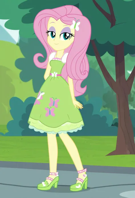 (Masterpiece, best quality:1.2), score_9, score_8_up, flat color, flat shading, soft shading, lighting, Fluttershy in cute midi boho dress, a petticoat, and black high heel pumps, midi dress, puffy shoulders, wide skirt, dress stops halfway just past her knees, Equestria Girls Series, human, series accurate, cute, best high quality, high res, whole body shot, 1girl, solo, outside, standing, tiny smile, seductive, half lidded eyes, curtsey, skirt tug, Full shot, cartoon, vector, solo
