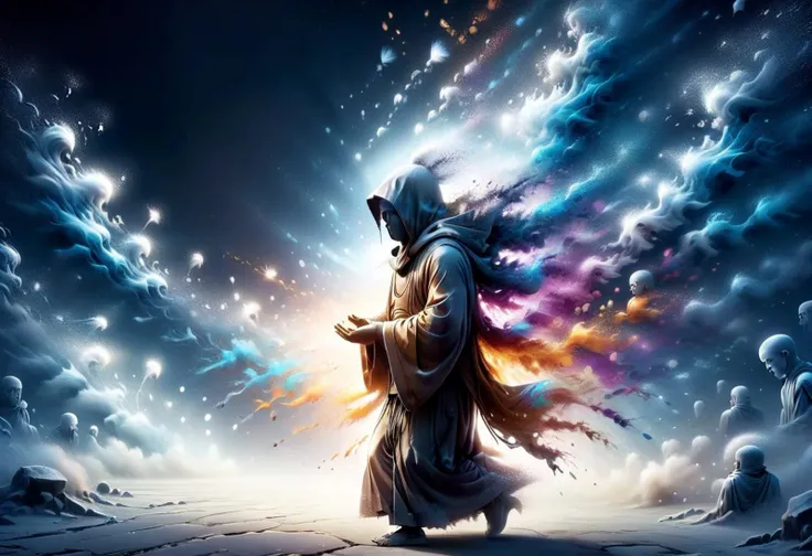 disintegrating ghosts of Buddhist monks,
(graphic novel style, dark novel style, 2d:1.5),(anime), (masterpiece:1.4), (colourful, soft cinematic light:1.1), incredibly lifelike, Extremely high-resolution details, 8k, best quality,extremely detailed, contrast, (disintegrating many ghosts monks with hood and Kashaya ral-dissolve), ral-dissolve Buddhist monk with hood speaks while praying, disintegrating ghosts of Buddhist monks stand in a line near the pit, hood, shadows, night, jungle, magils, ice age, ice crystals, frozen ice waterfall, transparent ice underfoot, Cristal ice, shadow, dark, dark atmosphere, ral-dissolve,