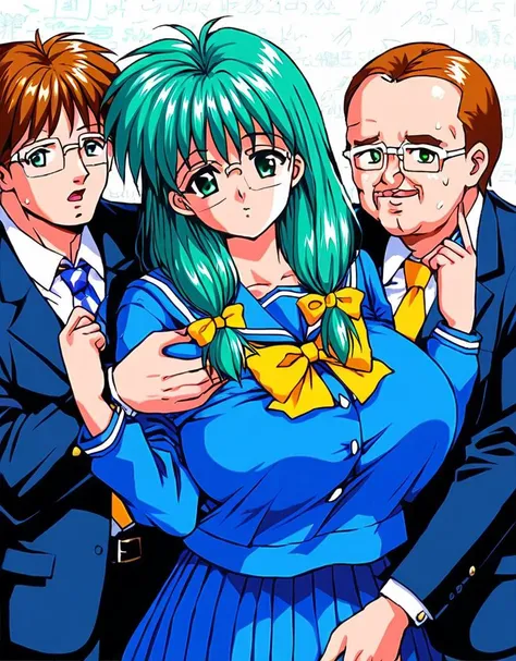 score_9, score_8_up, score_7_up, source_anime, rating_explicit, detailed background,
BREAK
<lora:Kisaragi_Mio_XL:1> Kisaragi_Mio, long hair, green hair, glasses, over-rim eyewear, green eyes, hair over shoulder, low-tied long hair,
1990s \(style\), school uniform, blue serafuku, looking at viewer, long sleeves, skirt, bow, blue skirt, sailor collar, yellow bow, blue sailor collar, pleated skirt, shirt, blue shirt,
curvy busty fat tall meaty body, (worried look on girl face:0.8),
BREAK
groping, fingering, breast grab, massive breasts, 2boys, (vignette:0.8), (mob male, faceless male, suit fat male, big ugly fat male:1.2), in the classroom, in the school,