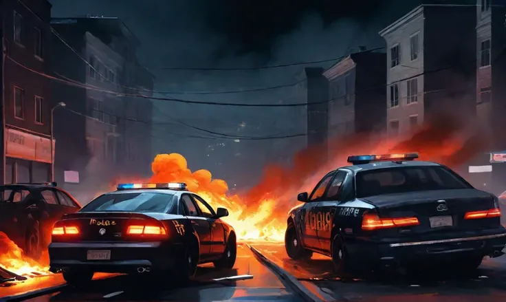 As a dark and horror digital painting, an impressive  view of a fighting zone, street by night, cars, fire and police