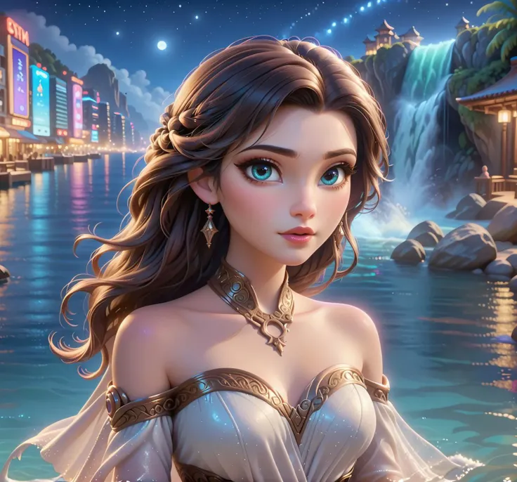 1girl, bare shoulders, neckless, eyelashes, eyeliner, upper body, looking at viewer, night, stars, lake, city, waterfall, realistic, <lora:Leia DALL E-3 PonyXL:1>