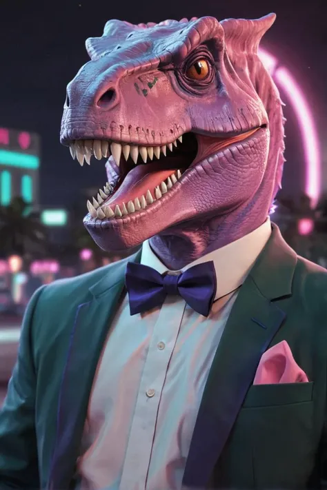 LoFi album cover aesthetics, dinosaur at prom wearing a bow tie, vaporwave, anime style, 8k, high definition