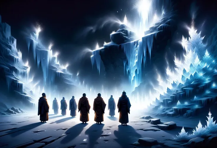 disintegrating ghosts of Buddhist monks,
(graphic novel style, dark novel style, 2d:1.5),(anime), (masterpiece:1.4), (colourful, soft cinematic light:1.1), incredibly lifelike, Extremely high-resolution details, 8k, best quality,extremely detailed, contrast, (many ghosts monks with hood and Kashaya ral-dissolve), ral-dissolve Buddhist monk with hood speaks while praying, ghosts of Buddhist monks stand in a line near the pit, hood, shadows, night, jungle, magils, rectangular pit, ice age, ice crystals, frozen ice waterfall, transparent ice underfoot, Cristal ice, shadow, dark, dark atmosphere,