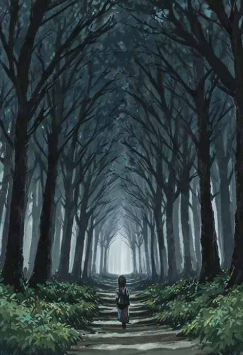 a forest with a girl with short black hair in the distance