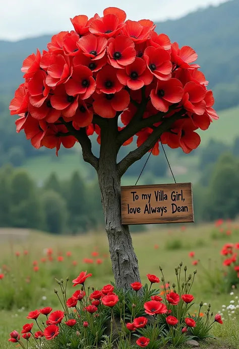 A beautiful statue of a tree made of poppy,red,flowers,8k,photorealistic, a sign hanging from the flowers reads "To my Villa Girl, love Always Dean"