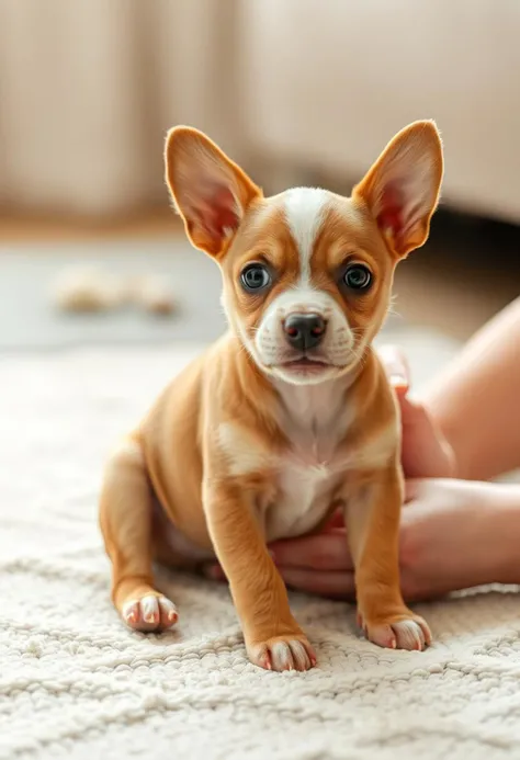 A baby dog sitting on an extended human finge