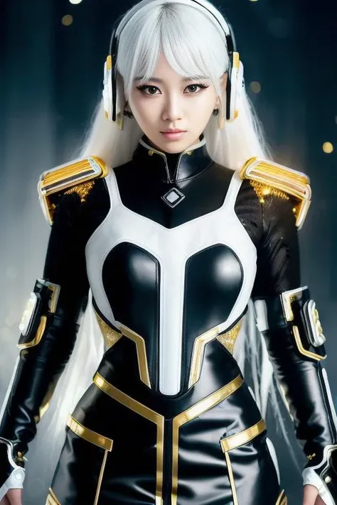 RAW photo, modelshoot style, (extremely detailed CG unity 8k wallpaper), (portrait shot:1.5), of (((kpop most beautiful girl:1.9))), ((black with white hair color:1.5)),(((girl hairstyle:1.3))), (((hightlighted white and black with gold trim:1.5))), ((puffy eyes)),(((wearing white and black with gold trim futuristic casual dress:1.5))), (((cape:0.0))),(((cloak:0.0))),(wearing white and black with gold trim futuristic motor bike helmet:1.0),(tactical vest:1.1),(mecha:1.0),((posing at the viewer:1.7)), ((happy:1.3)),((confident:1.5)), ((cyberpunk)),police, police mecha vest, space x, (futuristic police vest), staring at viewer, realistic, masterpiece, highest quality, ((scifi)), lens flare, ((light sparkles)), unreal engine, digital painting, Style-TronLegacy-8v-B, trending on ArtStation, trending on CGSociety, Intricate, High Detail, dramatic, realism, beautiful and detailed lighting, shadows, shiny, reflective, (high detailed skin:1.2), 8k uhd, dslr, soft lighting, high quality, film grain, Fujifilm XT3