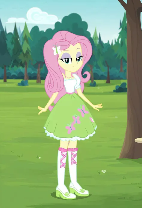 (Masterpiece, best quality:1.2), score_9, score_8_up, flat color, flat shading, soft shading, lighting, Fluttershy in cute midi boho dress, a petticoat, and black high heel pumps, midi dress, puffy shoulders, wide skirt, dress stops halfway just past her knees, Equestria Girls Series, human, series accurate, cute, best high quality, high res, whole body shot, 1girl, solo, outside, standing, tiny smile, seductive, half lidded eyes, curtsey, skirt tug, Full shot, cartoon, vector, solo