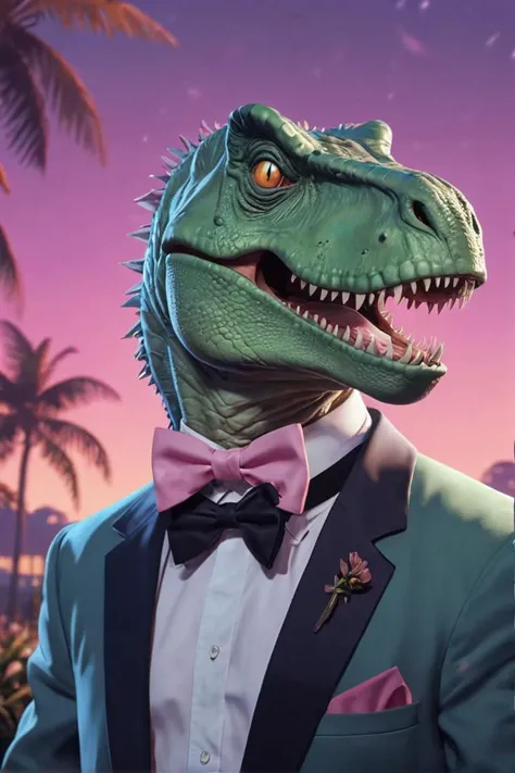 LoFi album cover aesthetics, dinosaur at prom wearing a bow tie, vaporwave, anime style, 8k, high definition