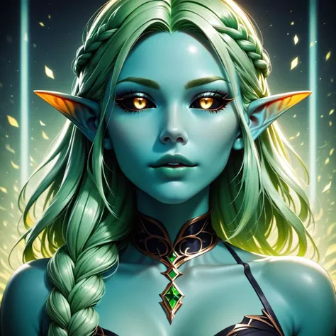 score_9, score_8_up, score_7_up, 1girl, long hair, light green hair, parted bangs, black sclera, yellow eyes, braid, pointy ears, elf, captivating expression, (beautiful face), blue skin, highly detailed skin, dark lighting, (absurd detail), (high quality), (4k), solo, (masterpiece), (best quality), (ultra-detailed), very aesthetic, illustration, perfect composition, intricate details