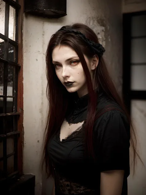 raw, (serana:0), portrait of a girl, 19yo, (goth:1.25), slim, (red eyes:1.5), hard shadows, black silky long hairs, posing in podjezd, dirty peeled walls, graffity, window, radiator, summer evening, <lora:G_G2.0:0.5>,  <lora:AmateurSelfie_v1:0.7>, <lora:ReaLora:0.75>,  <lora:SeranaaaaV3.5:0>,  <lora:podjezd:0.7>,  <lora:add_detail:0.4>