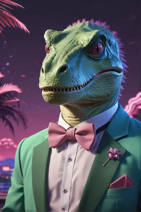 LoFi album cover aesthetics, dinosaur at prom wearing a bow tie, vaporwave, anime style, 8k, high definition