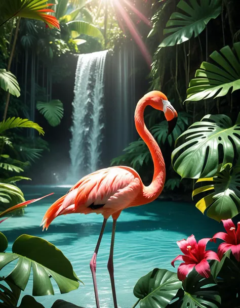 Wide angle digital illustration, (Vibrant flamingo standing in turquoise water:1.3), Central composition, Immersed mid-leg, (Bright pink plumage with red and white hues:1.2), Holding a silver fish in its beak, Dynamic water splashes, (Majestic waterfall background:1.2), Cascading water spanning the full width, (Gentle mist at the base:1.2), Sun rays filtering through dense jungle trees, (Lush tropical foliage:1.3), Green monstera leaves, Palm fronds, (Hanging vines:1.2), Bright red flowers on the left, Soft yet bright lighting, Sunny tropical moment, Natural shadow play, Enhanced contrasts, Rich color palette.Masterpiece,best quality,hi res,8k,hi res,8k,award winning,(sharp focus, intricate, highly detailed),