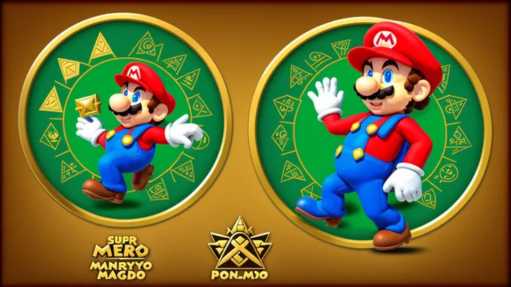 Super Mario style epic photo of one man holding a small triangle shaped emerald tablet covered with ancient symbols Aztec Myan hieroglyphics . Vibrant, cute, cartoony, fantasy, playful, reminiscent of Super Mario series