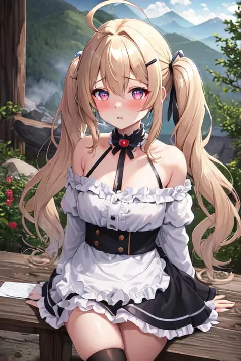 1girl in red, tiny cute petite, shy, blonde hair, large breasts, cleavage, thighhighs, zettai ryouiki, smile, detailed embroidery, in nature, outdoors,
<lora:inkr_v1:1> inkr,, masterpiece, highres, high quality, manga illustration,