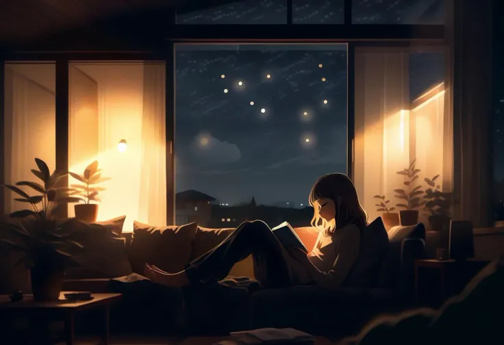 A nighttime scene with a dark sky, softly illuminated by a few dim lights from inside a house. (The perspective is from outside the house:1.5),
very close to a window, with only the window frame subtly visible around the edges. Inside, a girl is sitting on a cozy sofa, clearly visible in close-up detail. She is absorbed in her activities, such as reading a book or watching a movie, completely unaware of being observed. The interior lights are warm and inviting, casting a soft glow that contrasts with the dark, quiet night outside