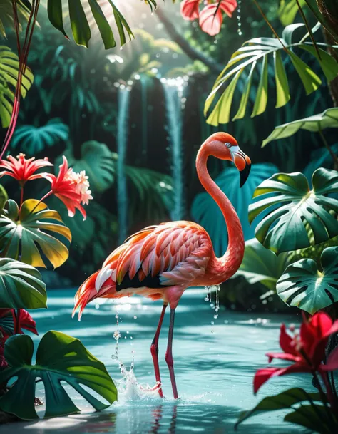 Wide angle digital illustration, (Vibrant flamingo standing in turquoise water:1.3), Central composition, Immersed mid-leg, (Bright pink plumage with red and white hues:1.2), Holding a silver fish in its beak, Dynamic water splashes, (Majestic waterfall background:1.2), Cascading water spanning the full width, (Gentle mist at the base:1.2), Sun rays filtering through dense jungle trees, (Lush tropical foliage:1.3), Green monstera leaves, Palm fronds, (Hanging vines:1.2), Bright red flowers on the left, Soft yet bright lighting, Sunny tropical moment, Natural shadow play, Enhanced contrasts, Rich color palette.Masterpiece,best quality,hi res,8k,hi res,8k,award winning,(sharp focus, intricate, highly detailed),