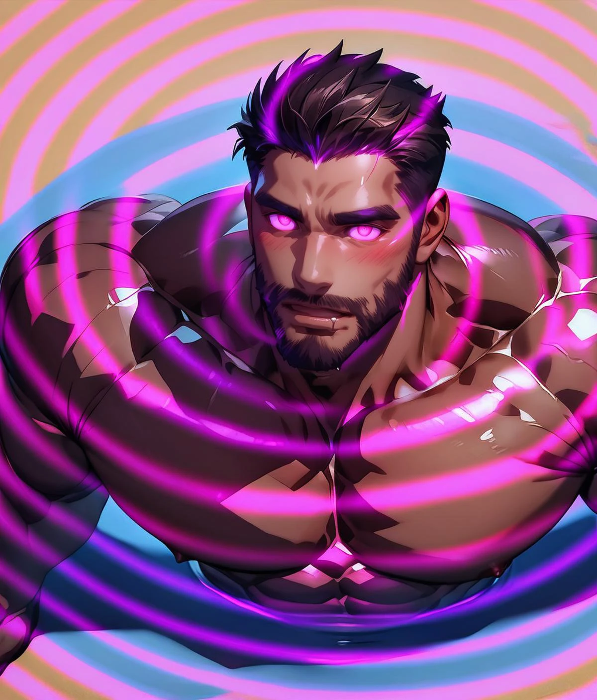 score_9, score_8_up, realistic, rating_questionable, bif, muscular, bara, mature, facial hair, beard,
<lora:hypno_wave_pony:1>, hypno wave, glowing eyes, from above, looking up,
glossy skin, muscular male, stubble, solo, looking at the viewer
<lora:egg_leonard-04:.4><lora:style_Concept Art DarkSide Style LoRA_Pony XL v6:1><lora:slider_Body Type_alpha1.0_rank4_noxattn_last:1>