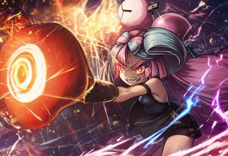 score 9, score 8 up, score 7 up, rating questionable, 1girl, solo,
easynegative, pokemon iono, black hair, bow-shaped hair, character hair ornament, hair ornament, long hair, low-tied long hair, multicolored hair, red hair, sharp teeth, split-color hair, twintails, two-tone hair, pout, in a boxing ring, outside, at night,
tight shorts, black top, black gloves, lineart, aura, combat stance, red eyes, glowing eyes