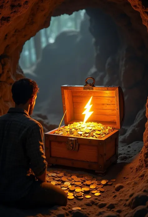 photo of a scene inside of a creepy cave, and old wooden treasure chest open, shows a radiant treasure that emits a dreamy glow, from behind of a treasure hunter and over his shoulder view, in the middle of the chest, among the golden coins, a lightning bolt symbol stands out with its radiance.