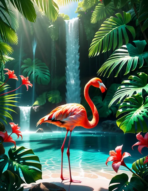 Wide angle digital illustration, (Vibrant flamingo standing in turquoise water:1.3), Central composition, Immersed mid-leg, (Bright pink plumage with red and white hues:1.2), Holding a silver fish in its beak, Dynamic water splashes, (Majestic waterfall background:1.2), Cascading water spanning the full width, (Gentle mist at the base:1.2), Sun rays filtering through dense jungle trees, (Lush tropical foliage:1.3), Green monstera leaves, Palm fronds, (Hanging vines:1.2), Bright red flowers on the left, Soft yet bright lighting, Sunny tropical moment, Natural shadow play, Enhanced contrasts, Rich color palette.Masterpiece,best quality,hi res,8k,hi res,8k,award winning,(sharp focus, intricate, highly detailed),