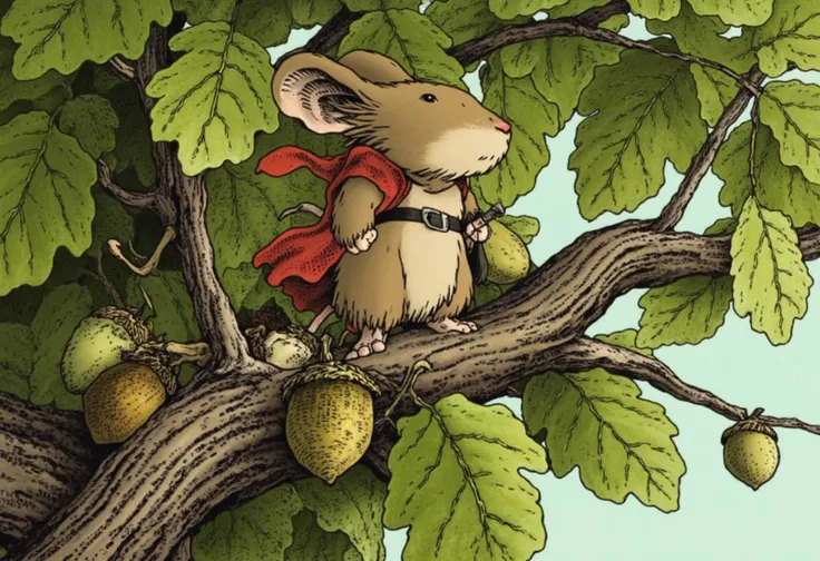 whimsical ghiblistyle oil painting of a tan mouseguard mouse standing on the branch of an oak tree with acorns growing on it, he is wearing a red cloak with a black belt, he is holding a sword, detailmaximizer