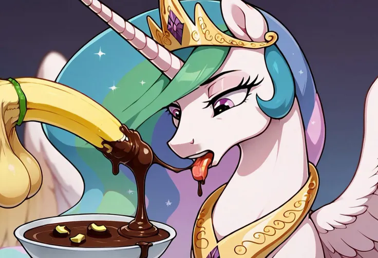 anatomically correct, Princess Celestia, female alicorn, food fetish, banana, anatomically correct, alicorn, female, explicit, wings, horn, score_9, highly detailed, licking, messy eating, covered in food, chocolate sauce, crotchboobs, spreading