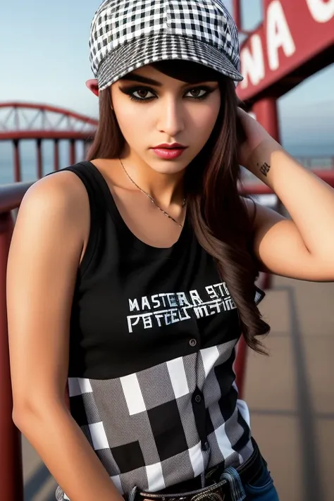 (masterwork), professional modelshoot style photo of a young and beautiful (mexican:1.1) female gangster wearing a (backwards baseballcap:1.2) and (white tanktop:1.0) and (black and white plaid shirt:1.2) wearing (baggy jeans:1.0) (flat black shoes:1.0) (spiked bangs hair :1.2) (dark heavy eyeliner and dark lipstick and lip liner:1.0) standing at the (Santa Monica Pier:1.1) in Santa Monica, (roller-coaster on pier in the background:1.1), looking_at_viewer, perfect eyes, (small_breast), perfect, masterpiece, professional majestic photography by _photographers_, Intricate, High Detail, Sharp focus, dramatic, photorealistic