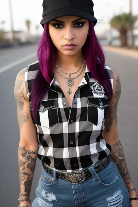 (masterwork), professional modelshoot style photo of a young and grim (chicano :1.1) female gangster chola chicano wearing a (backwards baseball-cap:1.2) and (white tanktop:1.0) and (black and white plaid shirt:1.2) wearing (baggy jeans:1.0) (flat black shoes:1.0) (spiked bangs hair :1.2) (dark heavy eyeliner and dark lipstick and lip liner:1.0) a (poor neighbourhood:1.1) in Santa Monica, looking_at_viewer, perfect eyes, (small_breast), perfect, masterpiece, professional majestic photography by _photographers_, Intricate, High Detail, Sharp focus, dramatic, photorealistic