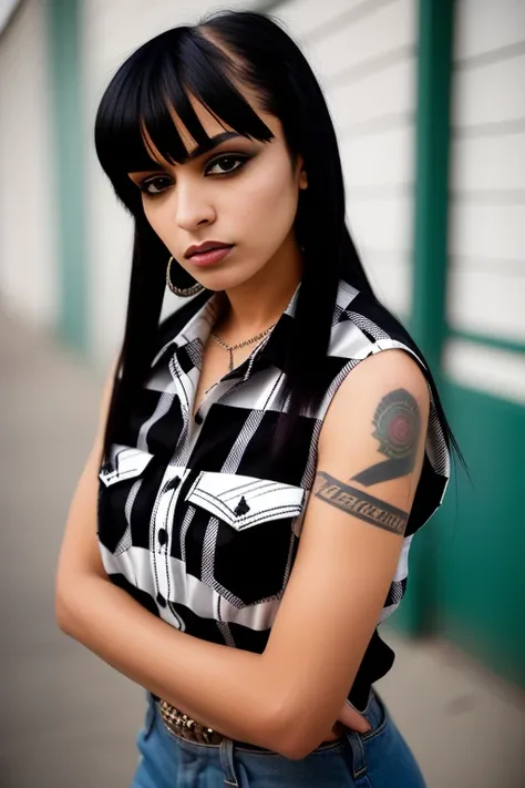 (masterwork), professional modelshoot style photo of a young and grim (chicano :1.1) female gangster chola chicano wearing a (white tanktop:1.0) and (black and white plaid shirt:1.2) wearing (baggy jeans:1.0) (flat black shoes:1.0) (spiked bangs hair :1.2) (dark heavy eyeliner and dark lipstick and lip liner:1.0) a (poor neighbourhood:1.1) in Santa Monica, looking_at_viewer, perfect eyes, (small_breast), perfect, masterpiece, professional majestic photography by _photographers_, Intricate, High Detail, Sharp focus, dramatic, photorealistic