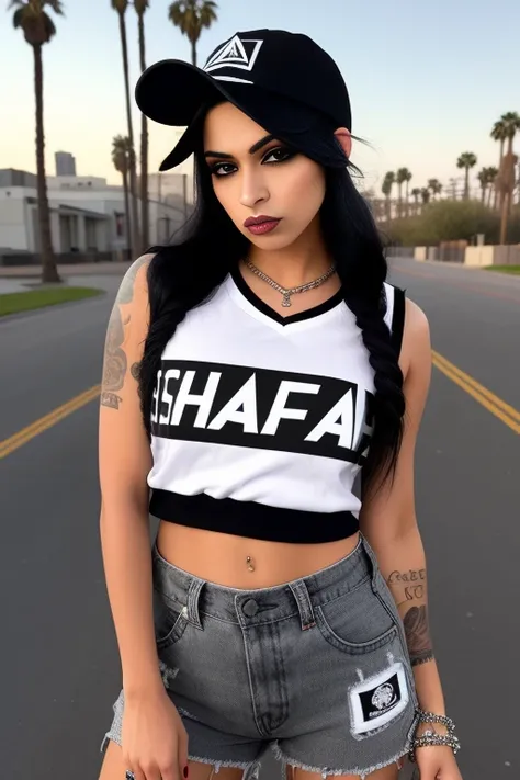 (masterwork), professional modelshoot style photo of a young and grim (chicano :1.1) female gangster chola chicano wearing a (backwards baseball-cap:1.2) and (white tanktop:1.0) and (black and white plaid shirt:1.2) wearing (baggy jeans:1.0) (flat black shoes:1.0) (spiked bangs hair :1.2) (dark heavy eyeliner and dark lipstick and lip liner:1.0) a (poor neighbourhood:1.1) in Santa Monica, looking_at_viewer, perfect eyes, (small_breast), perfect, masterpiece, professional majestic photography by _photographers_, Intricate, High Detail, Sharp focus, dramatic, photorealistic