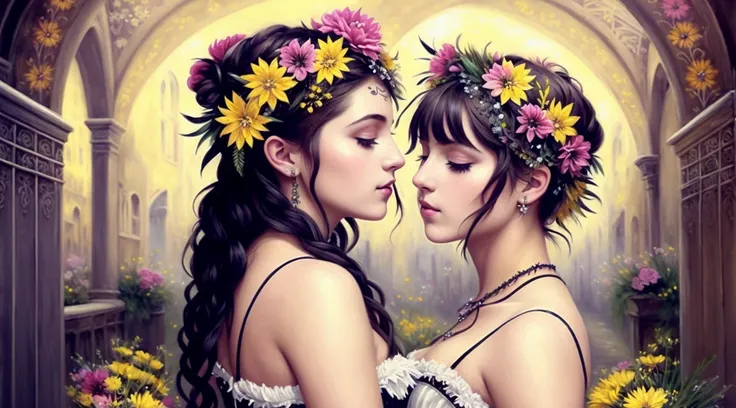 a detailed painting of girls with sprigs and flowers in her hair. wearing corset frills. black-white- pink -silver-yellow colors, full dynamic color, close up character, intricate punk woman with runic face tattoos, kiss, hug, kissing breasts, short blonde hair, in a shadowed archway, medieval, urban, alley, night