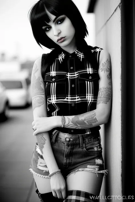 (masterwork), professional modelshoot style photo of a young and grim (chicano :1.1) female gangster chola chicano wearing a (white tanktop:1.0) and (black and white plaid shirt:1.2) wearing (baggy jeans:1.0) (flat black shoes:1.0) (spiked bangs hair :1.2) (dark heavy eyeliner and dark lipstick and lip liner:1.0) a (poor neighbourhood:1.1) in Santa Monica, looking_at_viewer, perfect eyes, (small_breast), perfect, masterpiece, professional majestic photography by _photographers_, Intricate, High Detail, Sharp focus, dramatic, photorealistic
