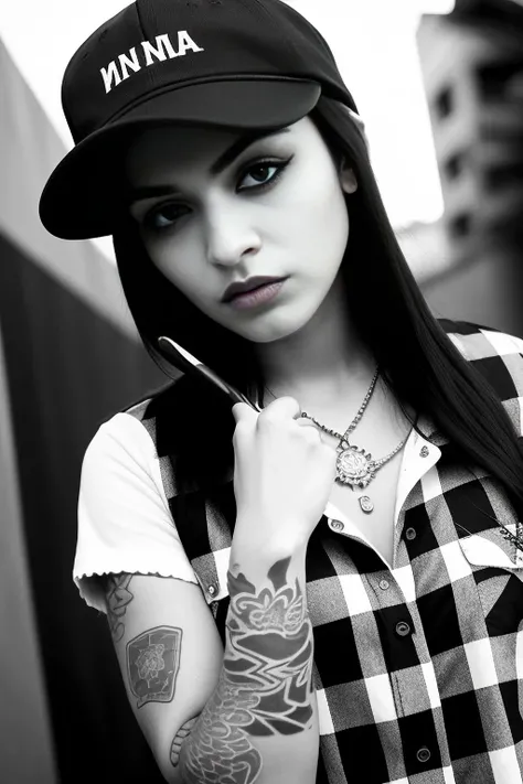 (masterwork), professional modelshoot style photo of a young and grim (chicano :1.1) female gangster chola chicano wearing a (backwards baseball-cap:1.2) and (white tanktop:1.0) and (black and white plaid shirt:1.2) wearing (baggy jeans:1.0) (flat black shoes:1.0) (spiked bangs hair :1.2) (dark heavy eyeliner and dark lipstick and lip liner:1.0) a (poor neighbourhood:1.1) in Santa Monica, looking_at_viewer, perfect eyes, (small_breast), perfect, masterpiece, professional majestic photography by _photographers_, Intricate, High Detail, Sharp focus, dramatic, photorealistic