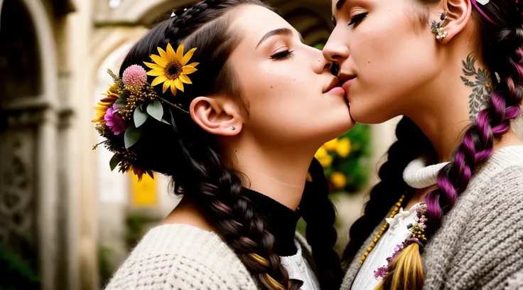 a detailed photograph of girls with sprigs and flowers in her hair. wearing sweater. black-white-pink-silver-yellow colors, full dynamic color, close up character, intricate punk woman with runic face tattoos, kiss, hug, kissing breasts, short blonde hair, in a shadowed archway, medieval, urban, alley, night