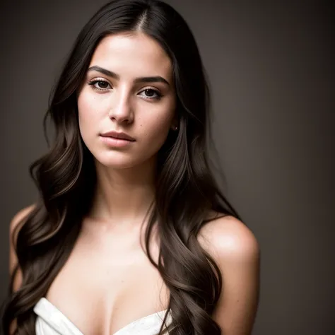 RAW, analog style, A stunning portrait of a young, beautiful woman with striking features. She should have long, flowing hair, a captivating gaze, and an alluring expression. The background should be neutral and simple, allowing the woman to be the image's focal point. Please pay close attention to the details, such as the highlights and shadows on her face and hair, to create a lifelike and realistic image. Experiment with different lighting techniques to enhance the mood and atmosphere of the portrait. The final product should be a masterpiece that captures the essence and beauty of the woman, ((highly detailed skin, skin details)), sharp focus, volumetric fog, 8k UHD, DSLR, high quality, film grain, Fujifilm XT3